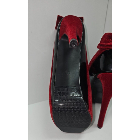Show Story Womens Peep Toe Slip On Black Red High Platform Heels Size US 8 - Picture 7 of 7